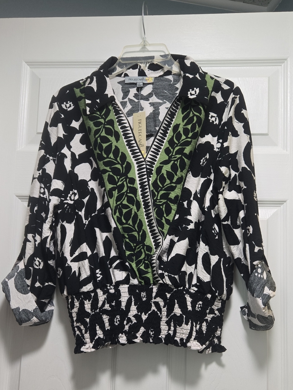 Nicola Green-Trim Black & White Floral Blouse